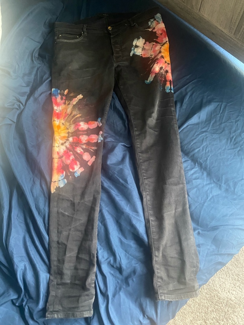 AMIRI Black Skinny Jeans with Multicolor Tie-Dye Accents
